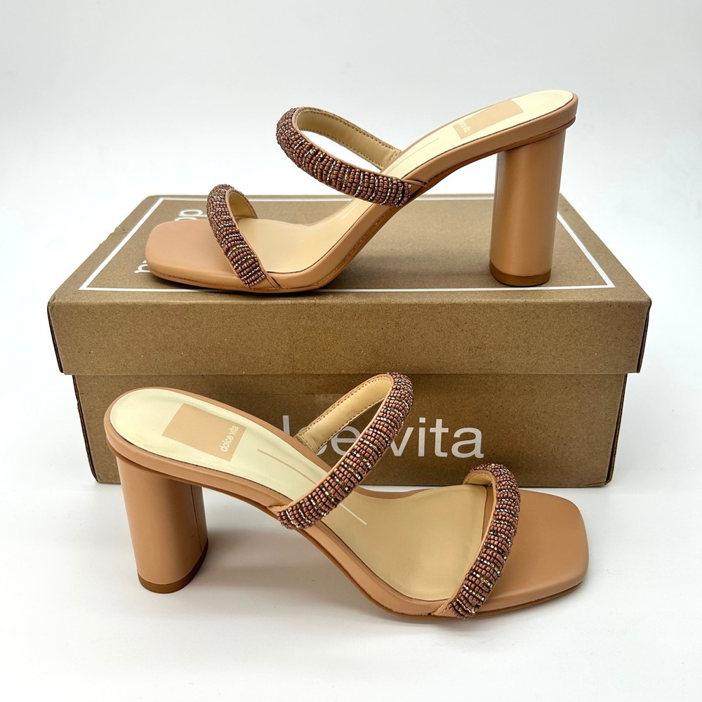 Womens Block Heel Sandals Dolce Vita Nolah‎ Size 6.5 Cafe Peach Tan Beaded NEW